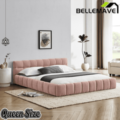 Bellemave® Queen Grounded Bed Frame with Headboard, Cute Puff Grid Pattern Chenille Upholstered Platform Floor Bed with Sturdy Slats - Bellemave