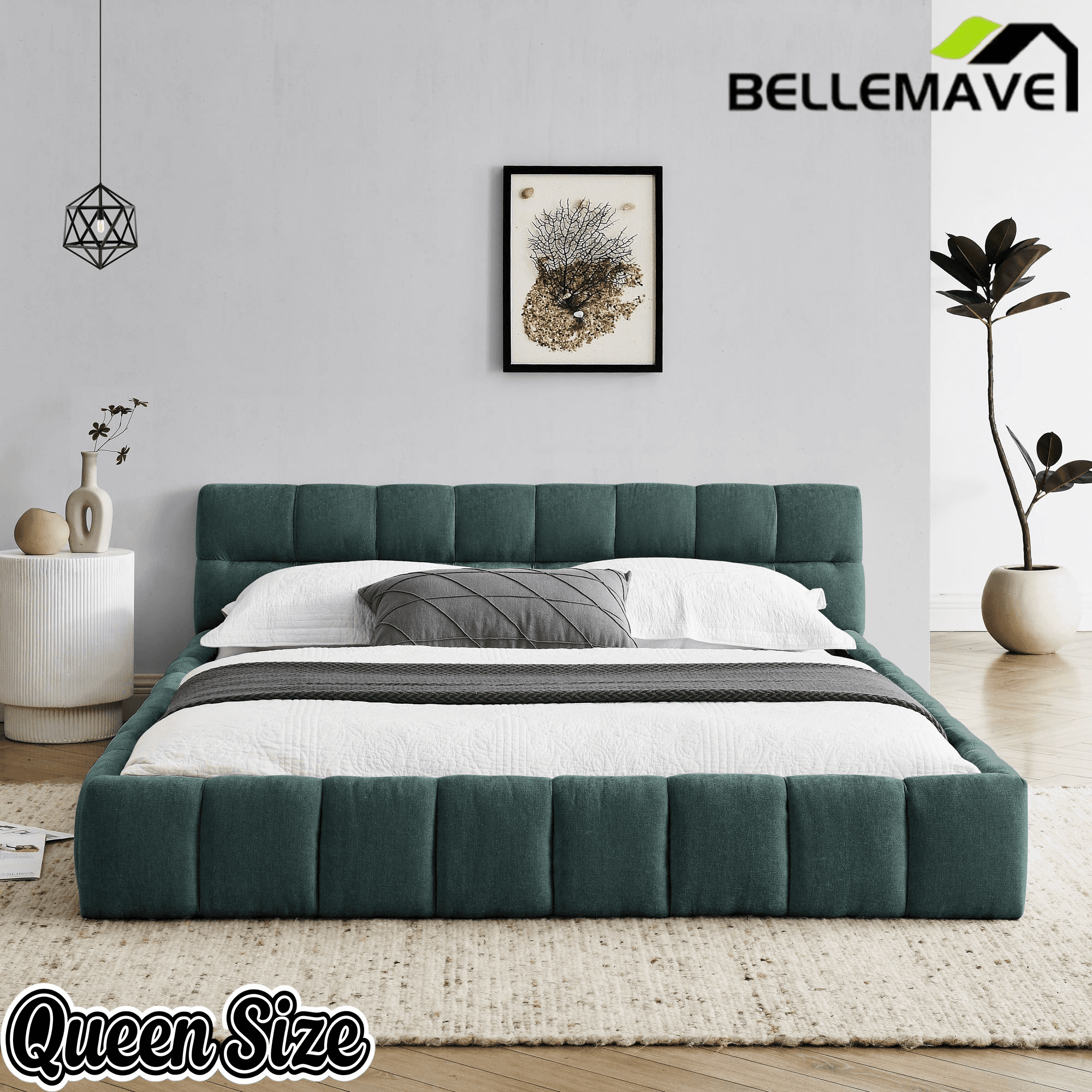 Bellemave® Queen Grounded Bed Frame with Headboard, Cute Puff Grid Pattern Chenille Upholstered Platform Floor Bed with Sturdy Slats - Bellemave
