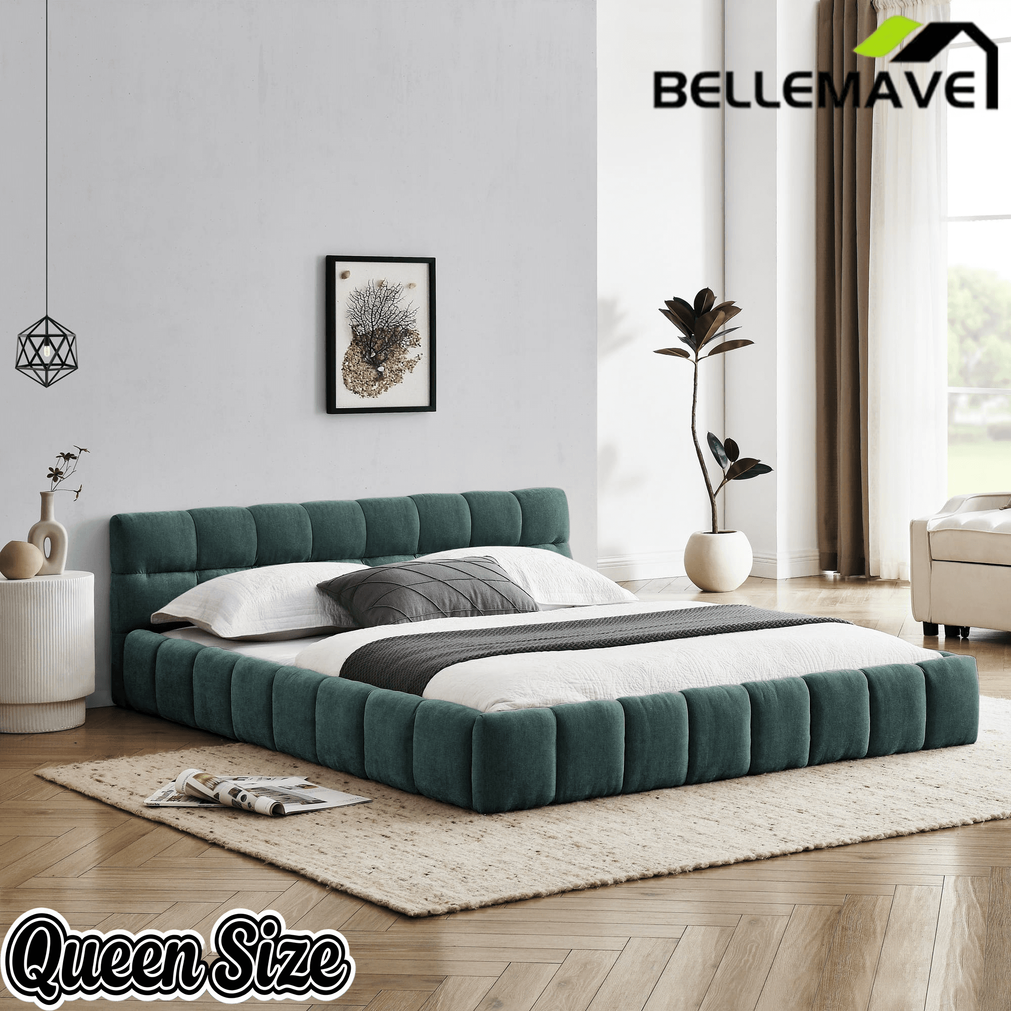 Bellemave® Queen Grounded Bed Frame with Headboard, Cute Puff Grid Pattern Chenille Upholstered Platform Floor Bed with Sturdy Slats - Bellemave