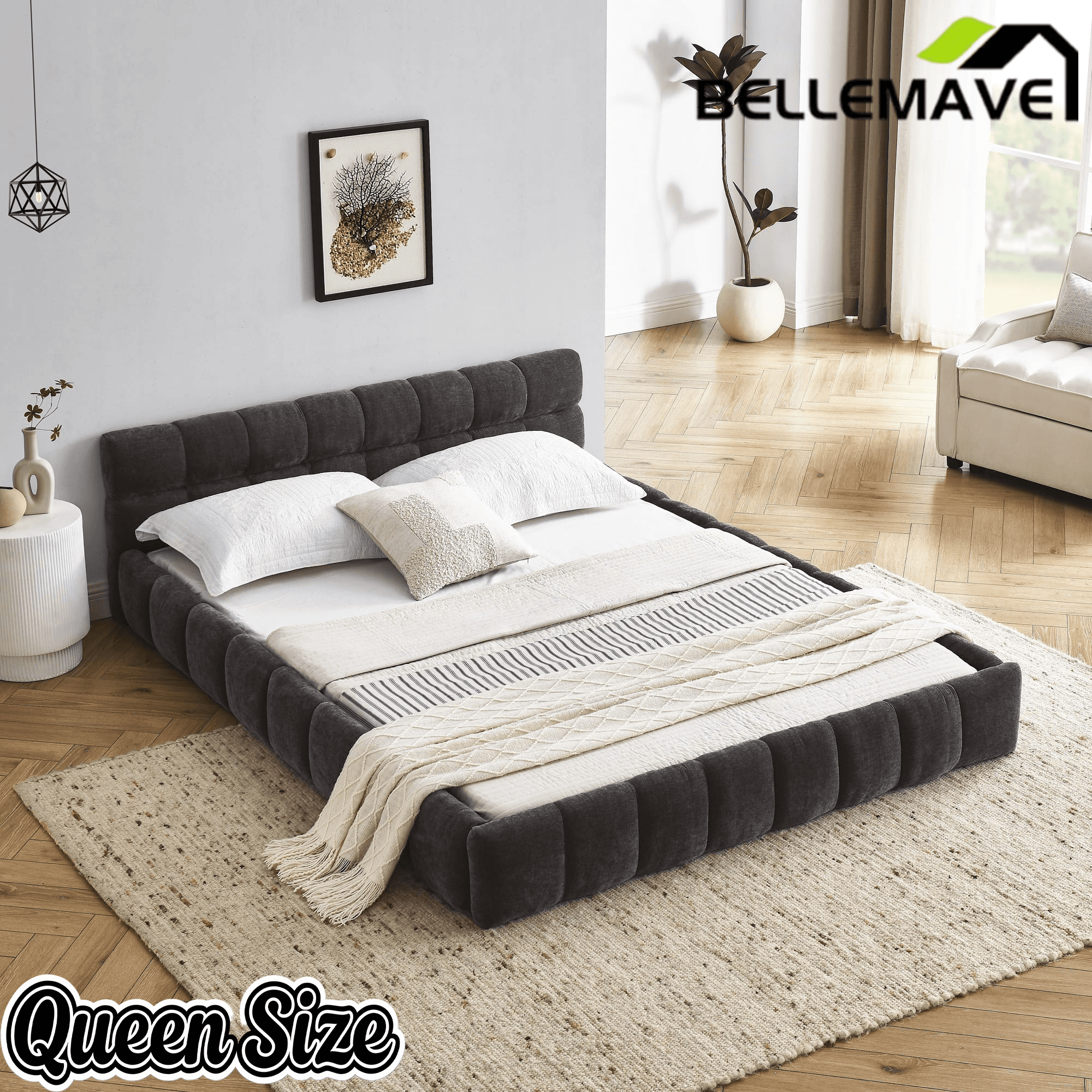 Bellemave® Queen Grounded Bed Frame with Headboard, Cute Puff Grid Pattern Chenille Upholstered Platform Floor Bed with Sturdy Slats - Bellemave