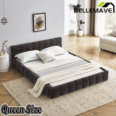 Bellemave® Queen Grounded Bed Frame with Headboard, Cute Puff Grid Pattern Chenille Upholstered Platform Floor Bed with Sturdy Slats - Bellemave
