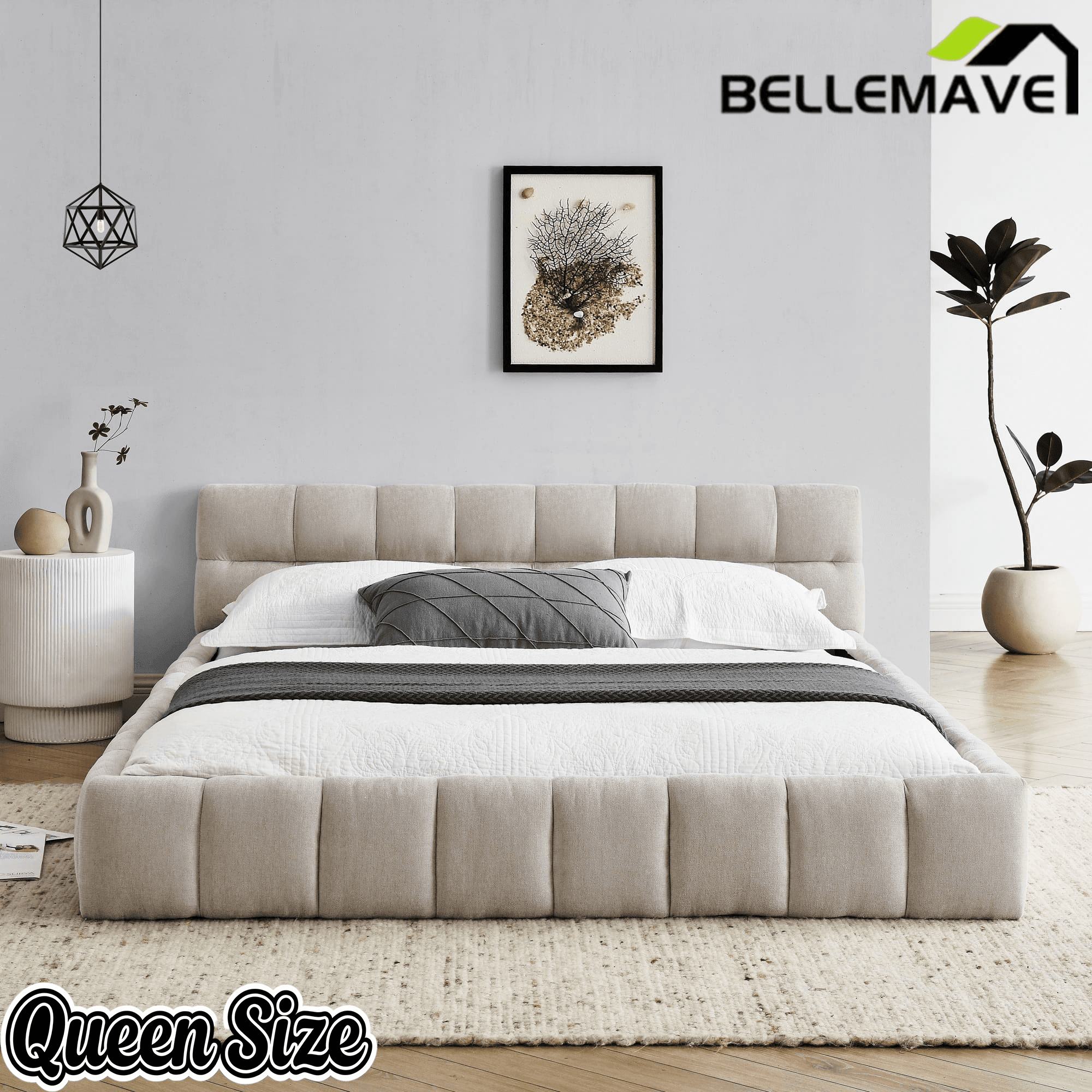 Bellemave® Queen Grounded Bed Frame with Headboard, Cute Puff Grid Pattern Chenille Upholstered Platform Floor Bed with Sturdy Slats - Bellemave