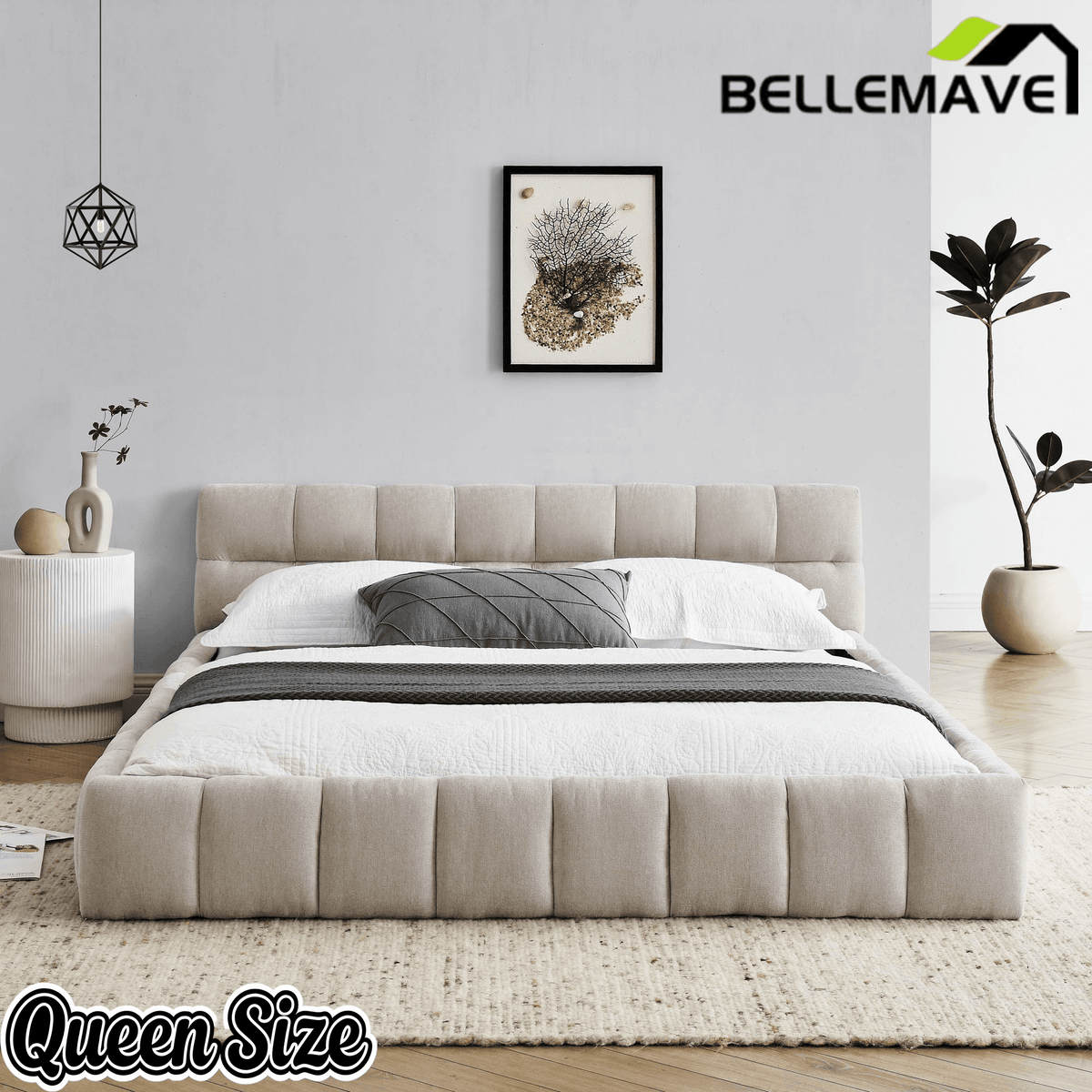 Bellemave® Queen Grounded Bed Frame with Headboard, Cute Puff Grid Pattern Chenille Upholstered Platform Floor Bed with Sturdy Slats - Bellemave