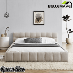 Bellemave® Queen Grounded Bed Frame with Headboard, Cute Puff Grid Pattern Chenille Upholstered Platform Floor Bed with Sturdy Slats - Bellemave