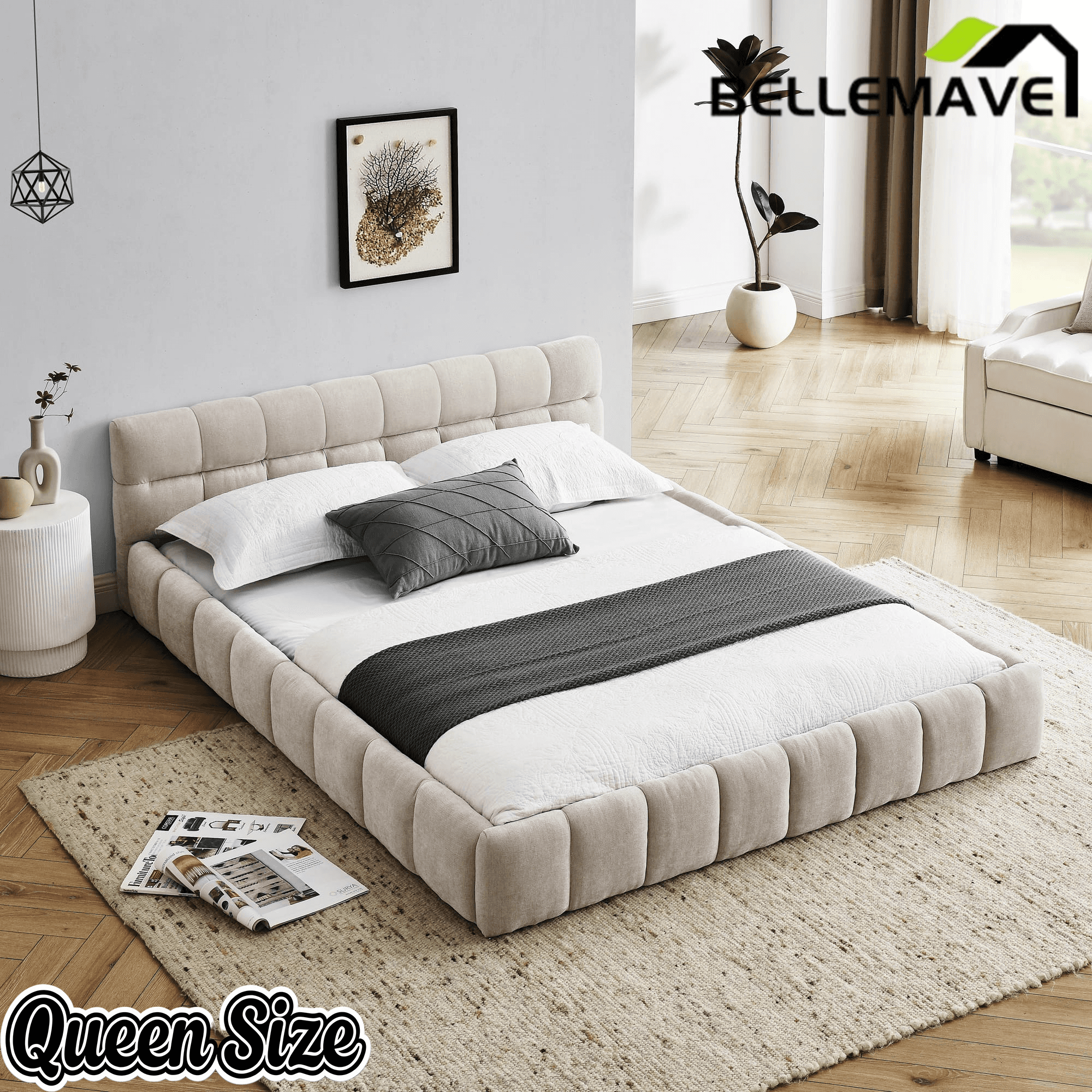 Bellemave® Queen Grounded Bed Frame with Headboard, Cute Puff Grid Pattern Chenille Upholstered Platform Floor Bed with Sturdy Slats - Bellemave