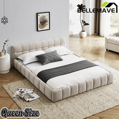 Bellemave® Queen Grounded Bed Frame with Headboard, Cute Puff Grid Pattern Chenille Upholstered Platform Floor Bed with Sturdy Slats - Bellemave