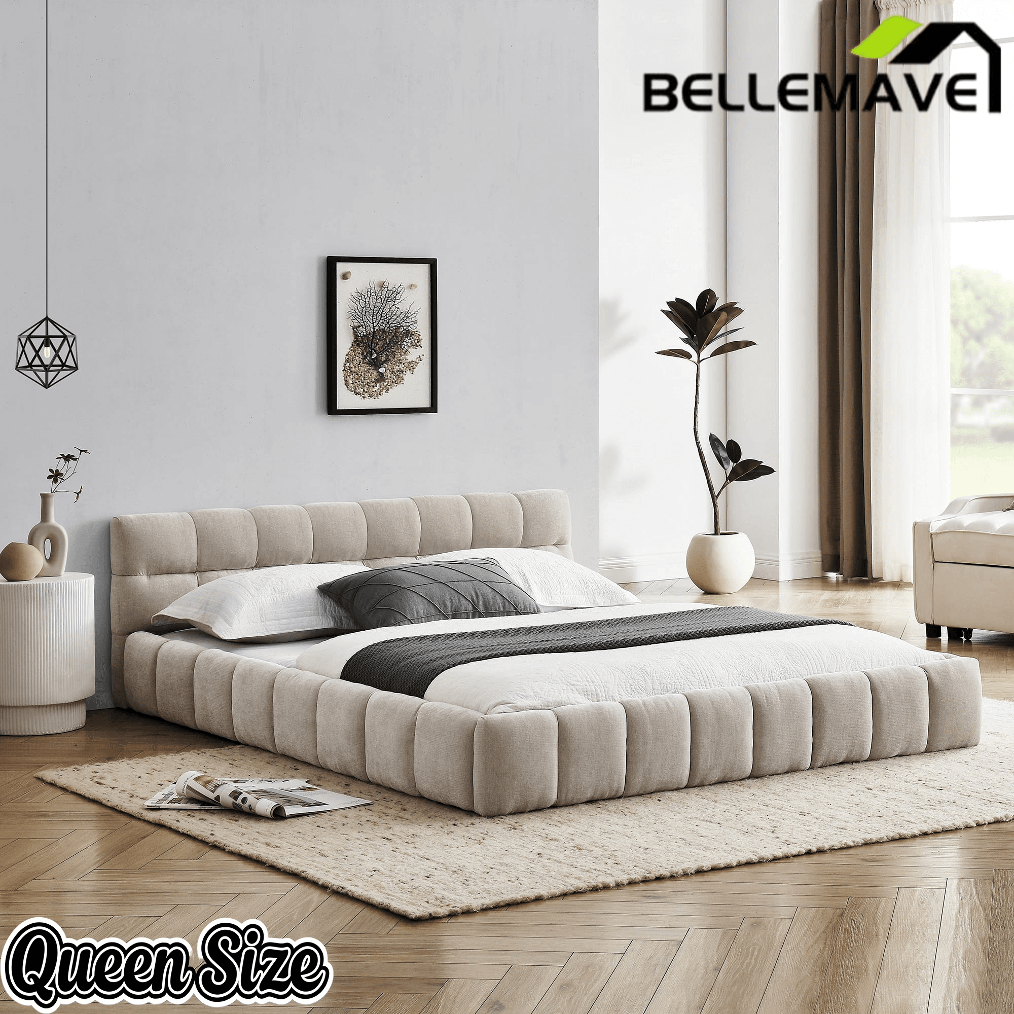 Bellemave® Queen Grounded Bed Frame with Headboard, Cute Puff Grid Pattern Chenille Upholstered Platform Floor Bed with Sturdy Slats - Bellemave