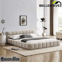 Bellemave® Queen Grounded Bed Frame with Headboard, Cute Puff Grid Pattern Chenille Upholstered Platform Floor Bed with Sturdy Slats - Bellemave