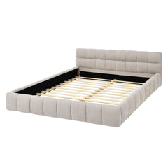 Bellemave® Queen Grounded Bed Frame with Headboard, Cute Puff Grid Pattern Chenille Upholstered Platform Floor Bed with Sturdy Slats - Bellemave