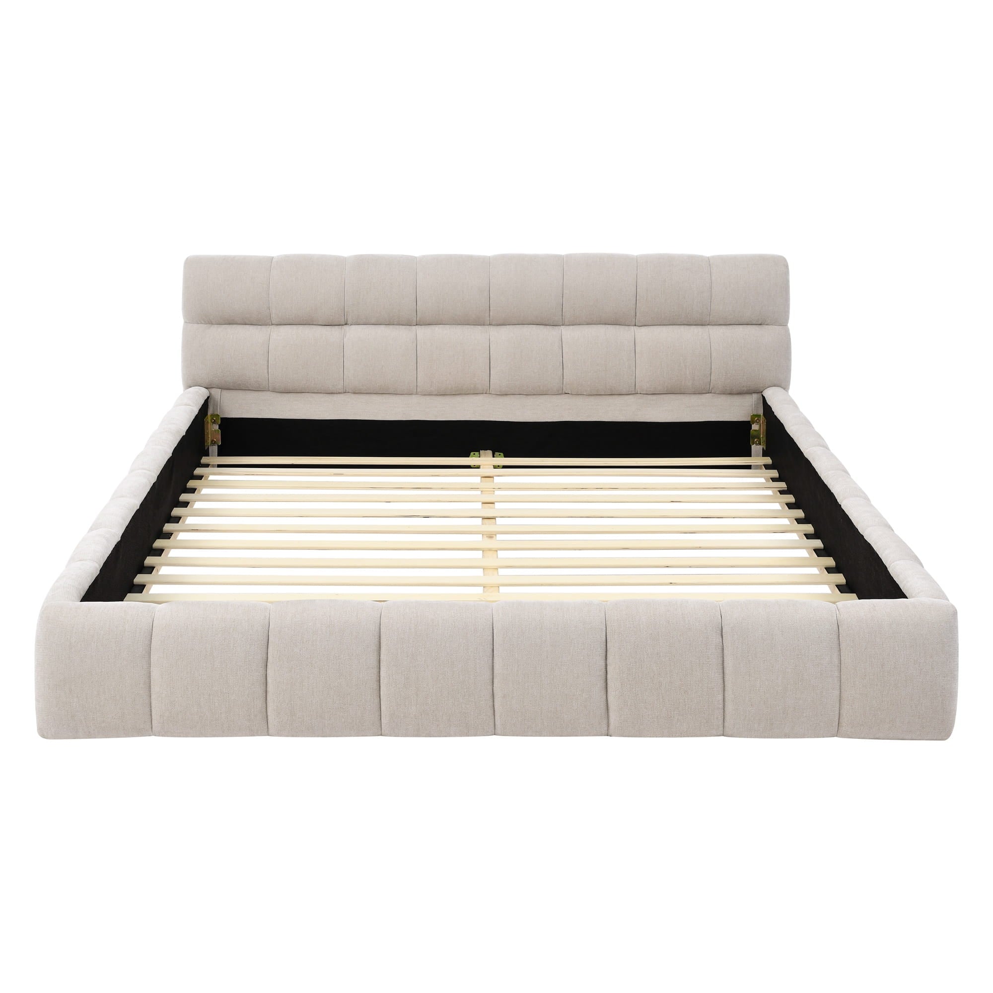 Bellemave® Queen Grounded Bed Frame with Headboard, Cute Puff Grid Pattern Chenille Upholstered Platform Floor Bed with Sturdy Slats - Bellemave