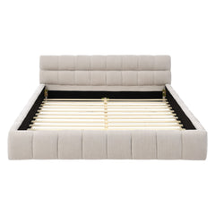Bellemave® Queen Grounded Bed Frame with Headboard, Cute Puff Grid Pattern Chenille Upholstered Platform Floor Bed with Sturdy Slats - Bellemave