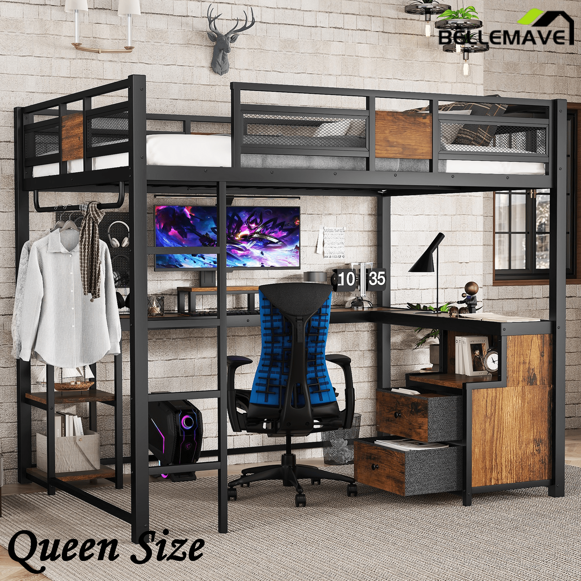 Bellemave® Queen Loft Bed with Desk & Storage - Non - Woven Fabric Drawers, Metal Frame, No - Spring Box & Noise - Free Design, Black - Bellemave
