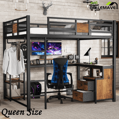 Bellemave® Queen Loft Bed with Desk & Storage - Non - Woven Fabric Drawers, Metal Frame, No - Spring Box & Noise - Free Design, Black - Bellemave