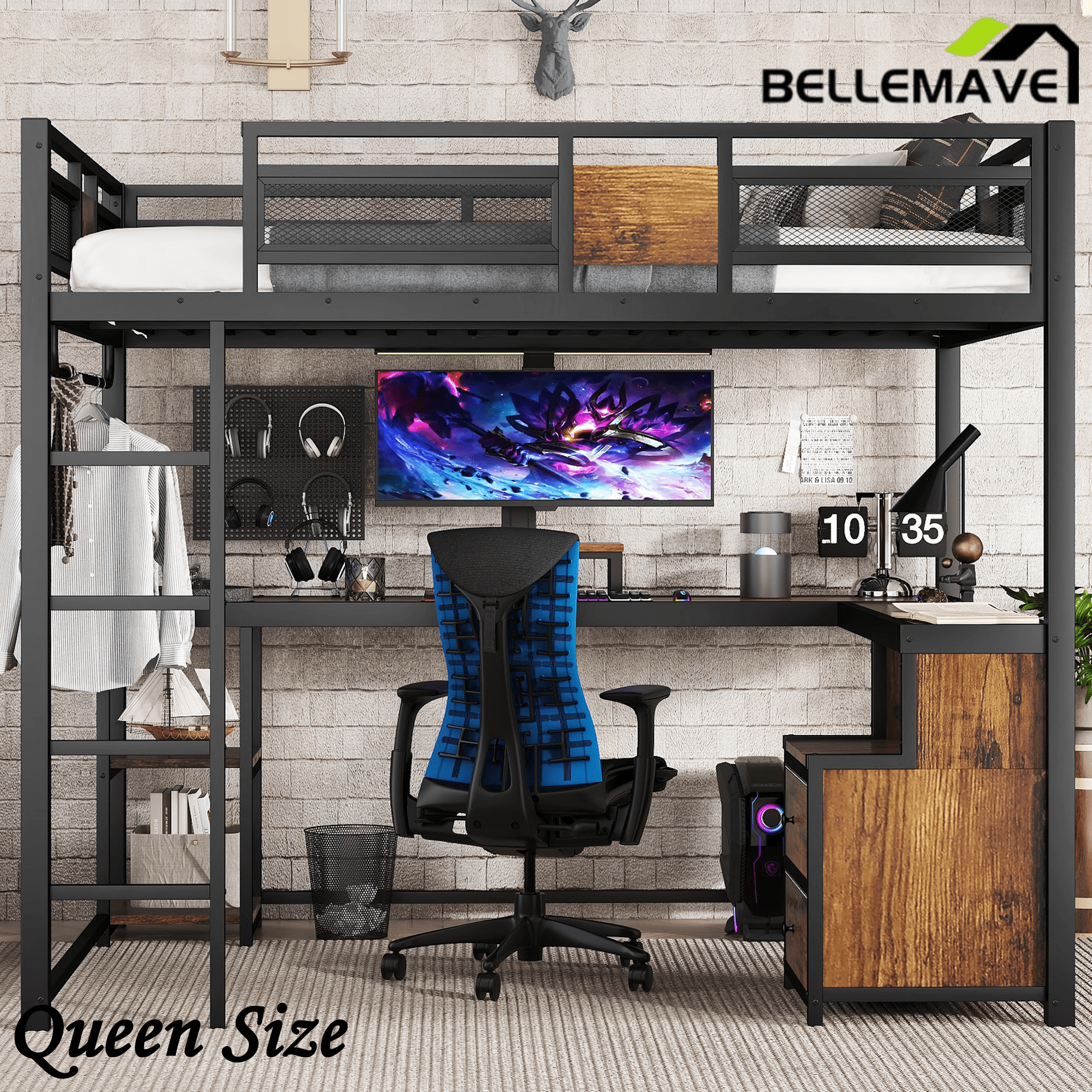 Bellemave® Queen Loft Bed with Desk & Storage - Non - Woven Fabric Drawers, Metal Frame, No - Spring Box & Noise - Free Design, Black - Bellemave