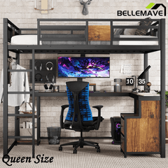 Bellemave® Queen Loft Bed with Desk & Storage - Non - Woven Fabric Drawers, Metal Frame, No - Spring Box & Noise - Free Design, Black - Bellemave