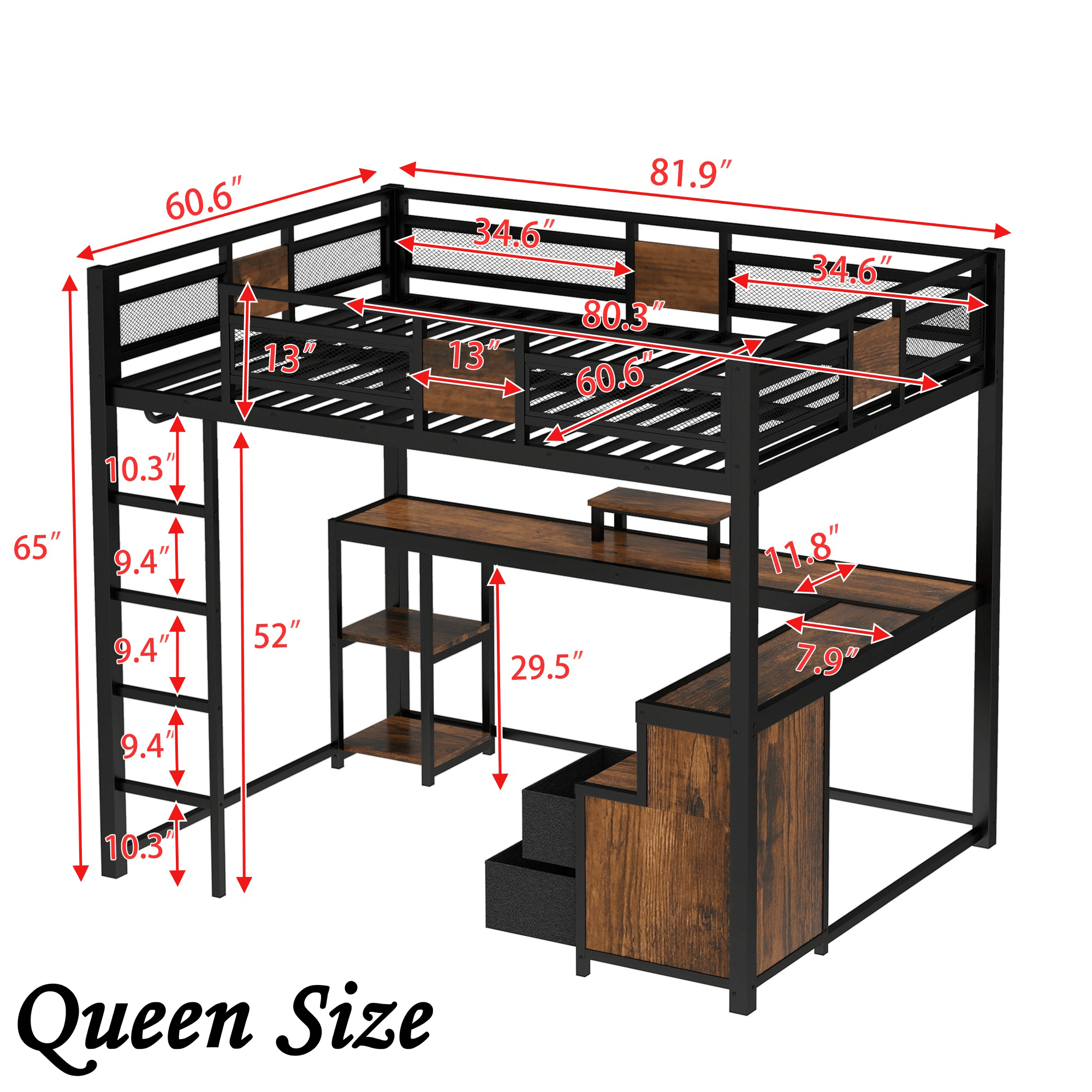Bellemave® Queen Loft Bed with Desk & Storage - Non - Woven Fabric Drawers, Metal Frame, No - Spring Box & Noise - Free Design, Black - Bellemave