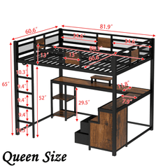 Bellemave® Queen Loft Bed with Desk & Storage - Non - Woven Fabric Drawers, Metal Frame, No - Spring Box & Noise - Free Design, Black - Bellemave