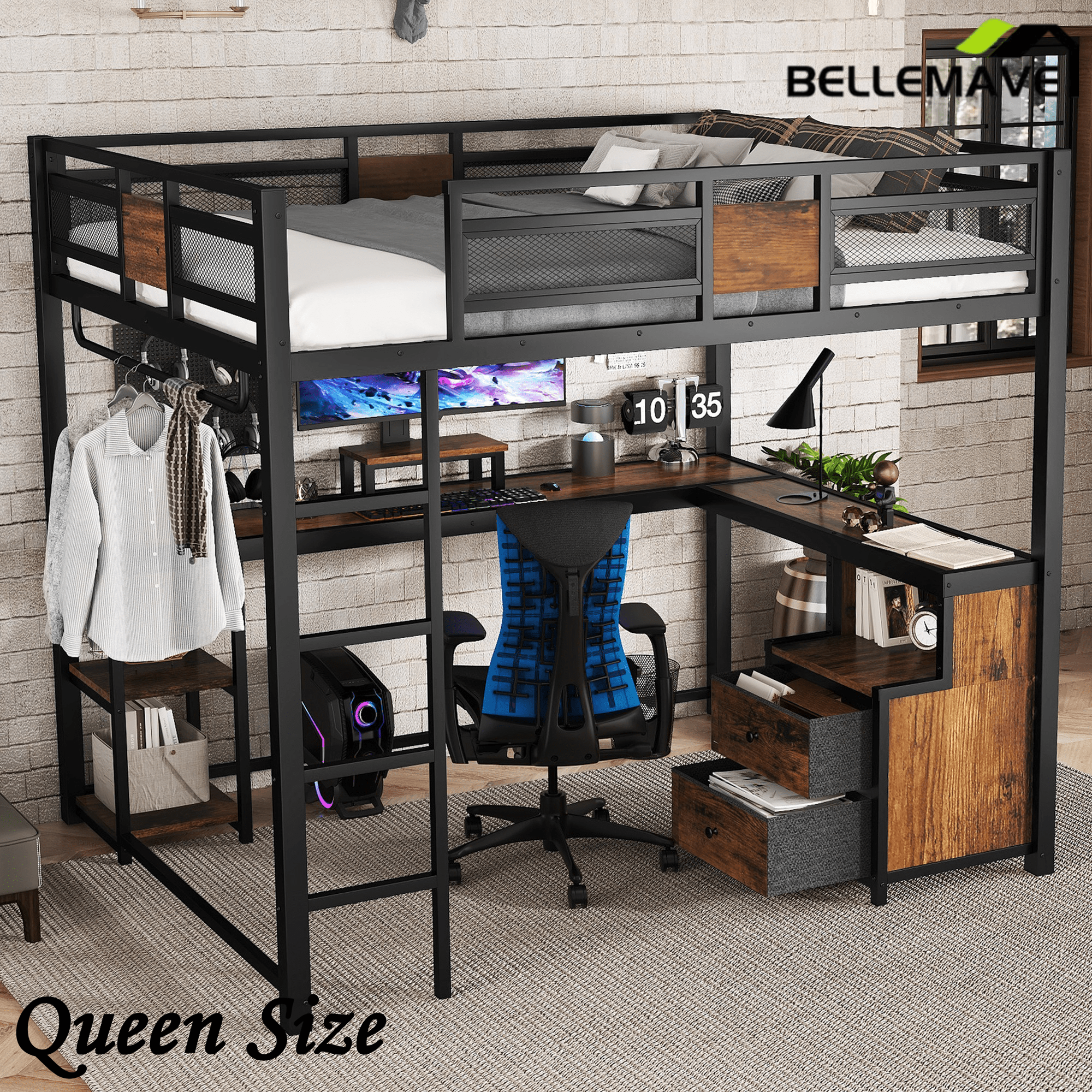 Bellemave® Queen Loft Bed with Desk & Storage - Non - Woven Fabric Drawers, Metal Frame, No - Spring Box & Noise - Free Design, Black - Bellemave
