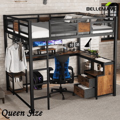 Bellemave® Queen Loft Bed with Desk & Storage - Non - Woven Fabric Drawers, Metal Frame, No - Spring Box & Noise - Free Design, Black - Bellemave