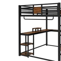 Bellemave® Queen Loft Bed with Desk & Storage - Non - Woven Fabric Drawers, Metal Frame, No - Spring Box & Noise - Free Design, Black - Bellemave