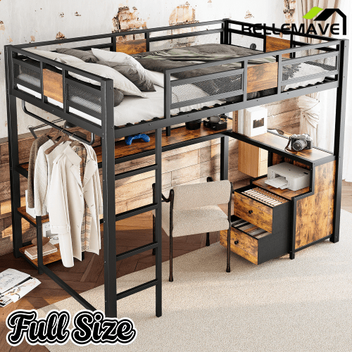 Bellemave® Queen Loft Bed with Desk & Storage - Non - Woven Fabric Drawers, Metal Frame, No - Spring Box & Noise - Free Design, Black - Bellemave