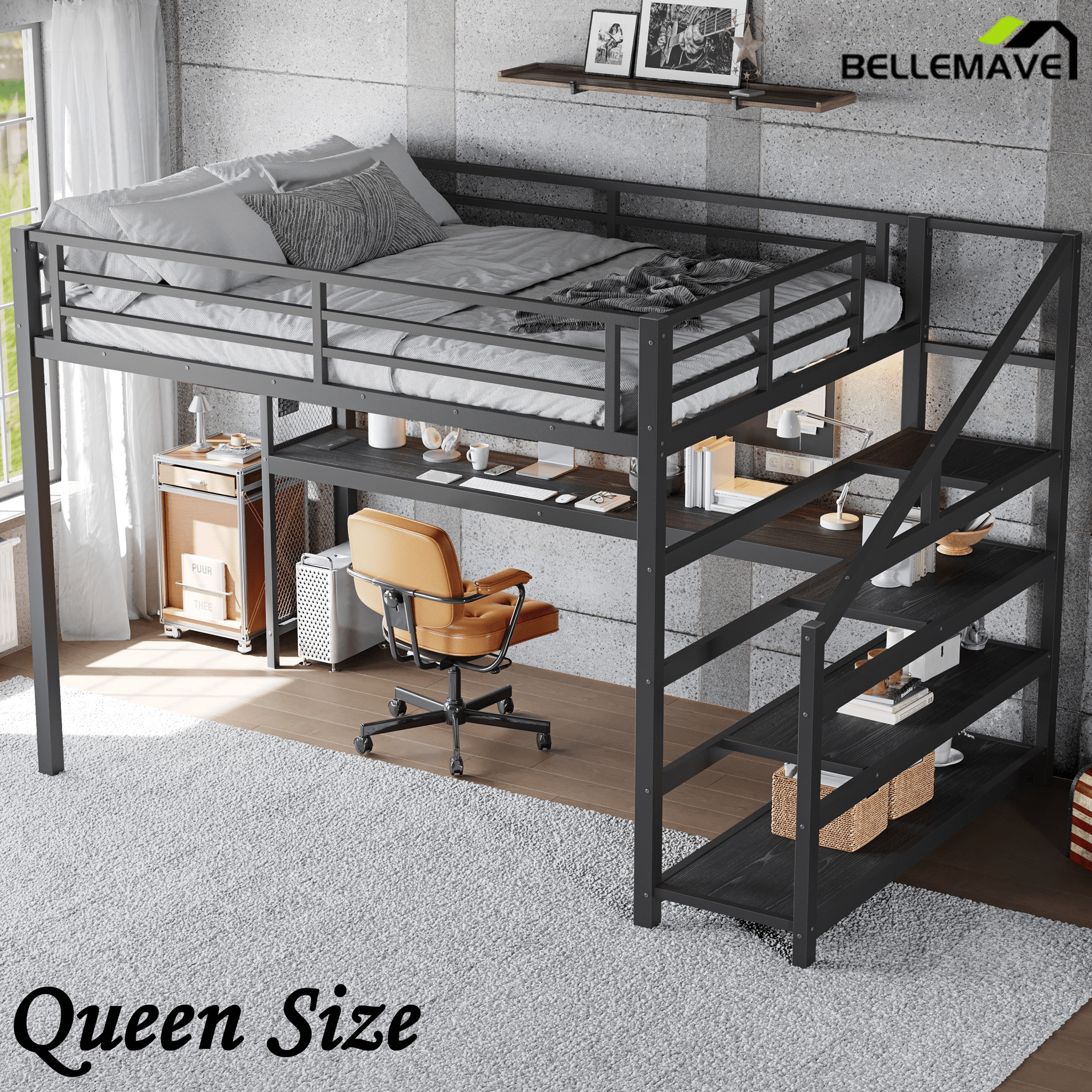 Bellemave® Queen Loft Bed with Desk, Storage Stairs & LED Lights - USB Ports, Iron Nets, Metal Frame | No - Spring Box, Noise - Free Design, Black - Bellemave