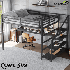 Bellemave® Queen Loft Bed with Desk, Storage Stairs & LED Lights - USB Ports, Iron Nets, Metal Frame | No - Spring Box, Noise - Free Design, Black - Bellemave