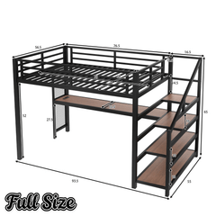 Bellemave® Queen Loft Bed with Desk, Storage Stairs & LED Lights - USB Ports, Iron Nets, Metal Frame | No - Spring Box, Noise - Free Design, Black - Bellemave