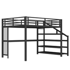 Bellemave® Queen Loft Bed with Desk, Storage Stairs & LED Lights - USB Ports, Iron Nets, Metal Frame | No - Spring Box, Noise - Free Design, Black - Bellemave