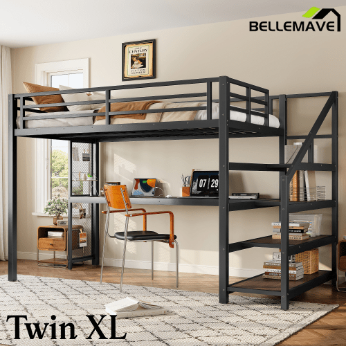 Bellemave® Queen Loft Bed with Desk, Storage Stairs & LED Lights - USB Ports, Iron Nets, Metal Frame | No - Spring Box, Noise - Free Design, Black - Bellemave