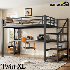 Bellemave® Queen Loft Bed with Desk, Storage Stairs & LED Lights - USB Ports, Iron Nets, Metal Frame | No - Spring Box, Noise - Free Design, Black - Bellemave