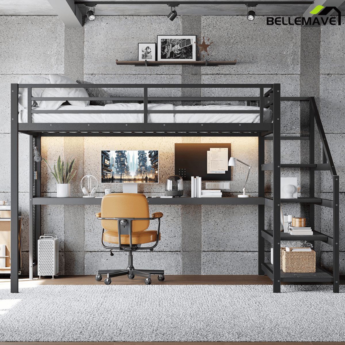Bellemave® Queen Loft Bed with Desk, Storage Stairs & LED Lights - USB Ports, Iron Nets, Metal Frame | No - Spring Box, Noise - Free Design, Black - Bellemave