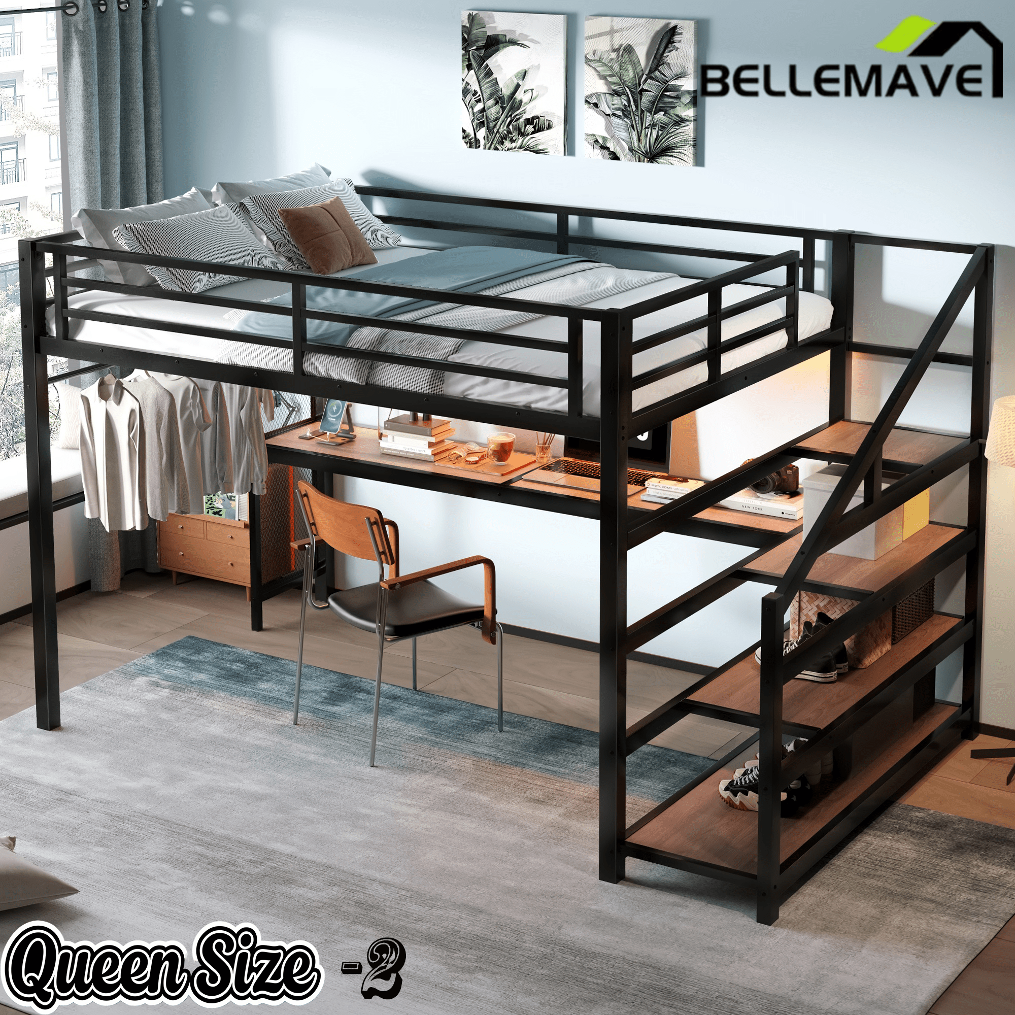 Bellemave® Queen Loft Bed with Desk, Storage Stairs & LED Lights - USB Ports, Iron Nets, Metal Frame | No - Spring Box, Noise - Free Design, Black - Bellemave