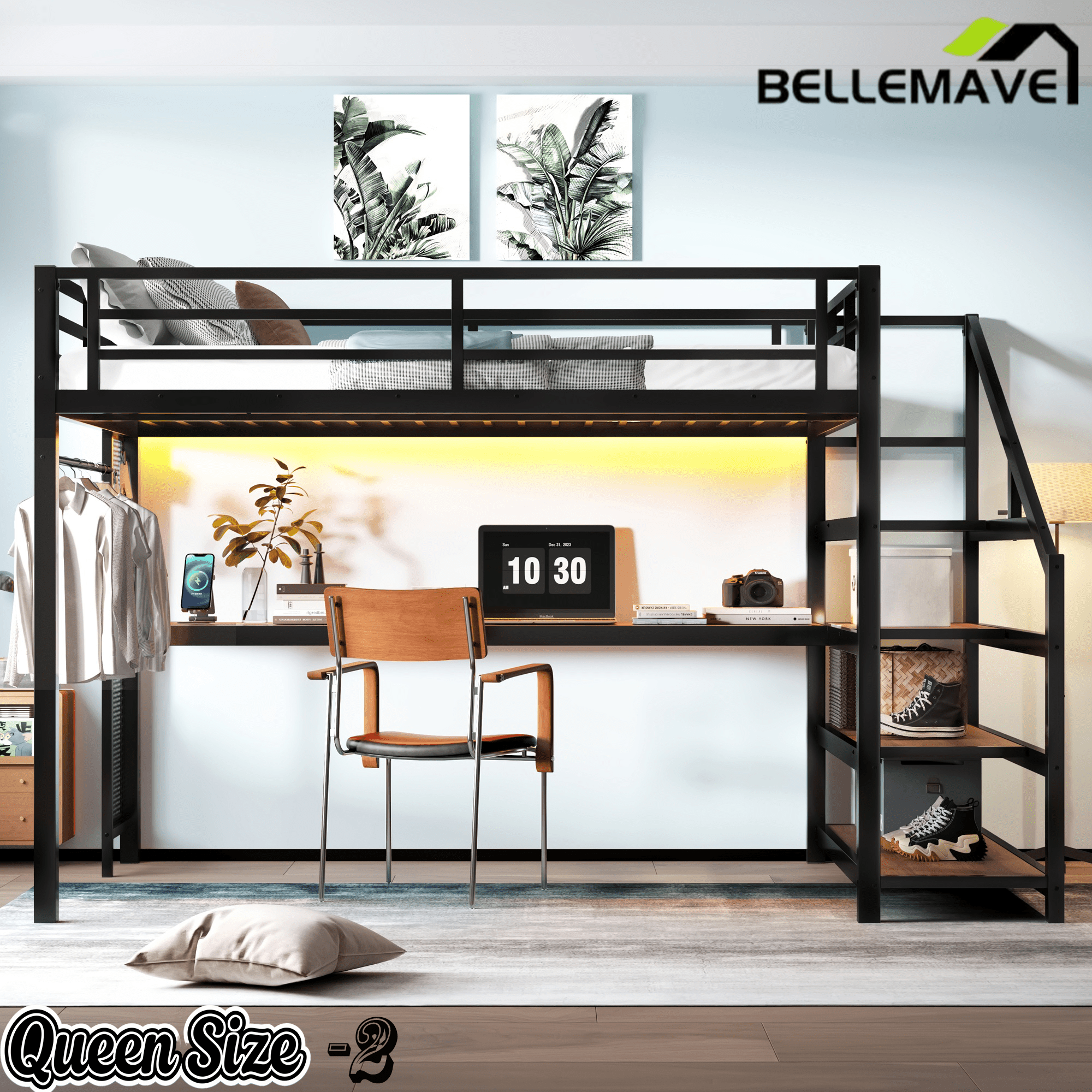 Bellemave® Queen Loft Bed with Desk, Storage Stairs & LED Lights - USB Ports, Iron Nets, Metal Frame | No - Spring Box, Noise - Free Design, Black - Bellemave