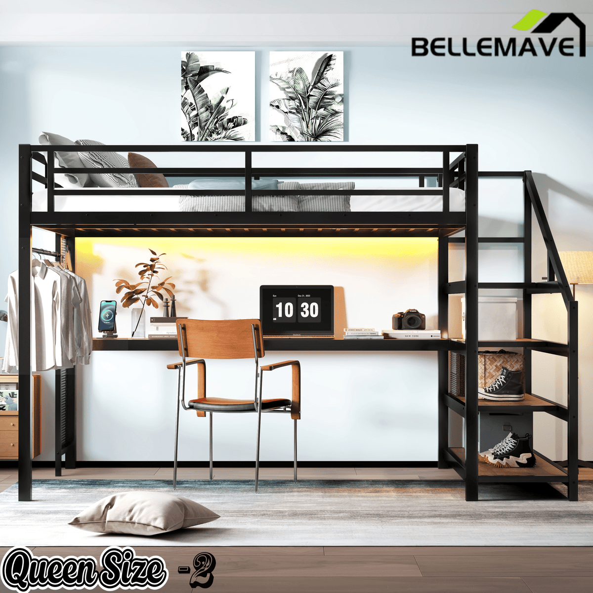 Bellemave® Queen Loft Bed with Desk, Storage Stairs & LED Lights - USB Ports, Iron Nets, Metal Frame | No - Spring Box, Noise - Free Design, Black - Bellemave