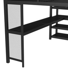 Bellemave® Queen Loft Bed with Desk, Storage Stairs & LED Lights - USB Ports, Iron Nets, Metal Frame | No - Spring Box, Noise - Free Design, Black - Bellemave