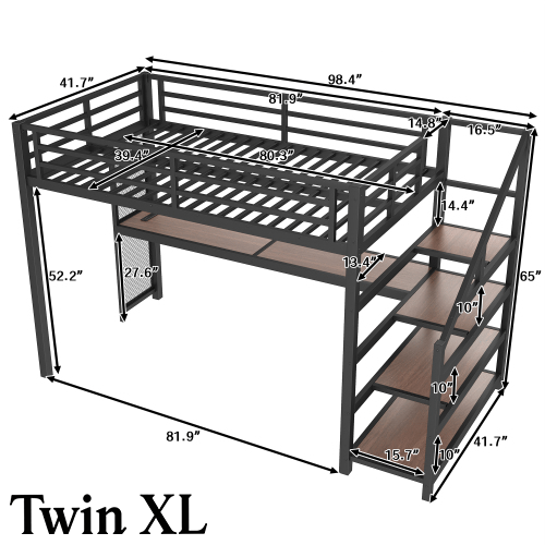 Bellemave® Queen Loft Bed with Desk, Storage Stairs & LED Lights - USB Ports, Iron Nets, Metal Frame | No - Spring Box, Noise - Free Design, Black - Bellemave