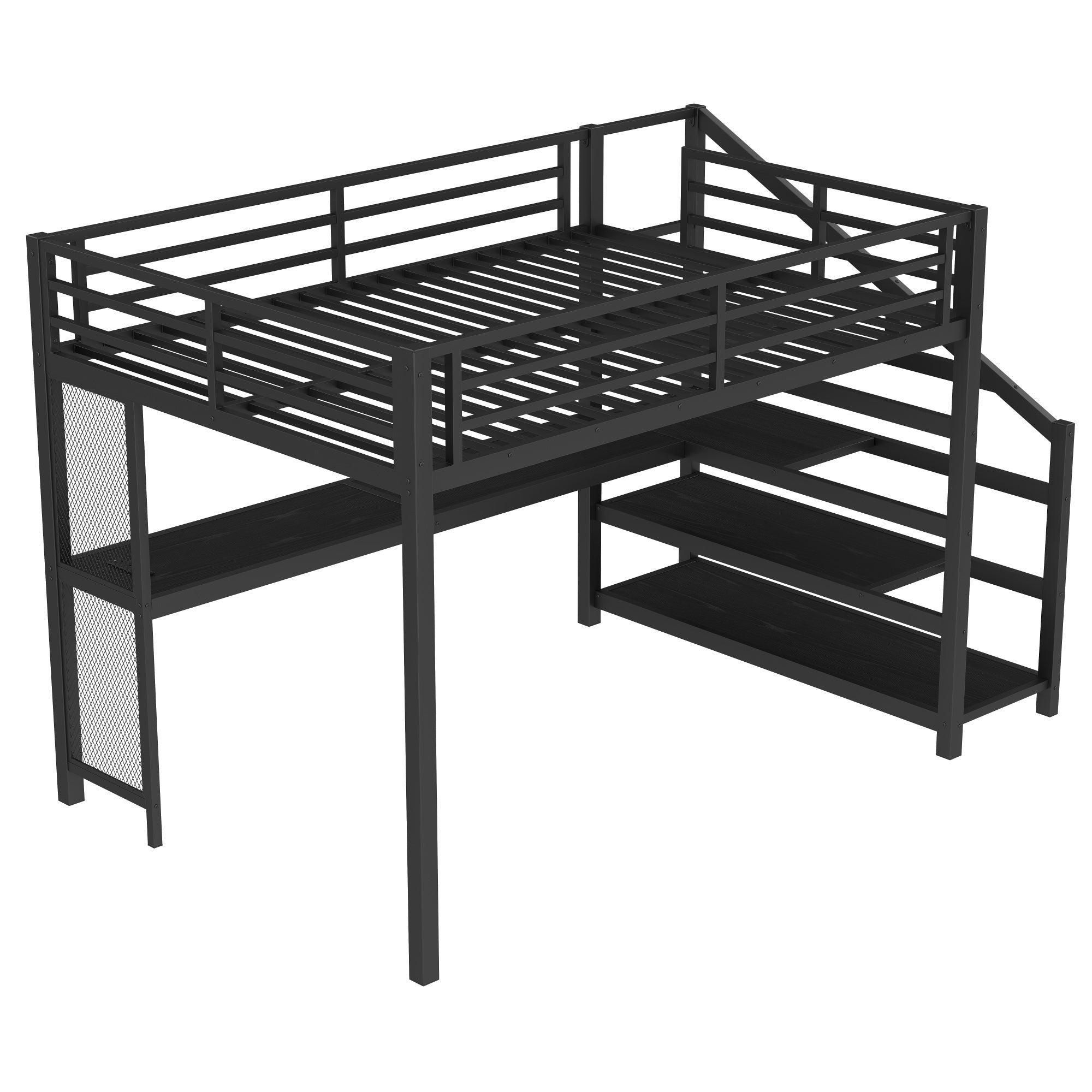 Bellemave® Queen Loft Bed with Desk, Storage Stairs & LED Lights - USB Ports, Iron Nets, Metal Frame | No - Spring Box, Noise - Free Design, Black - Bellemave