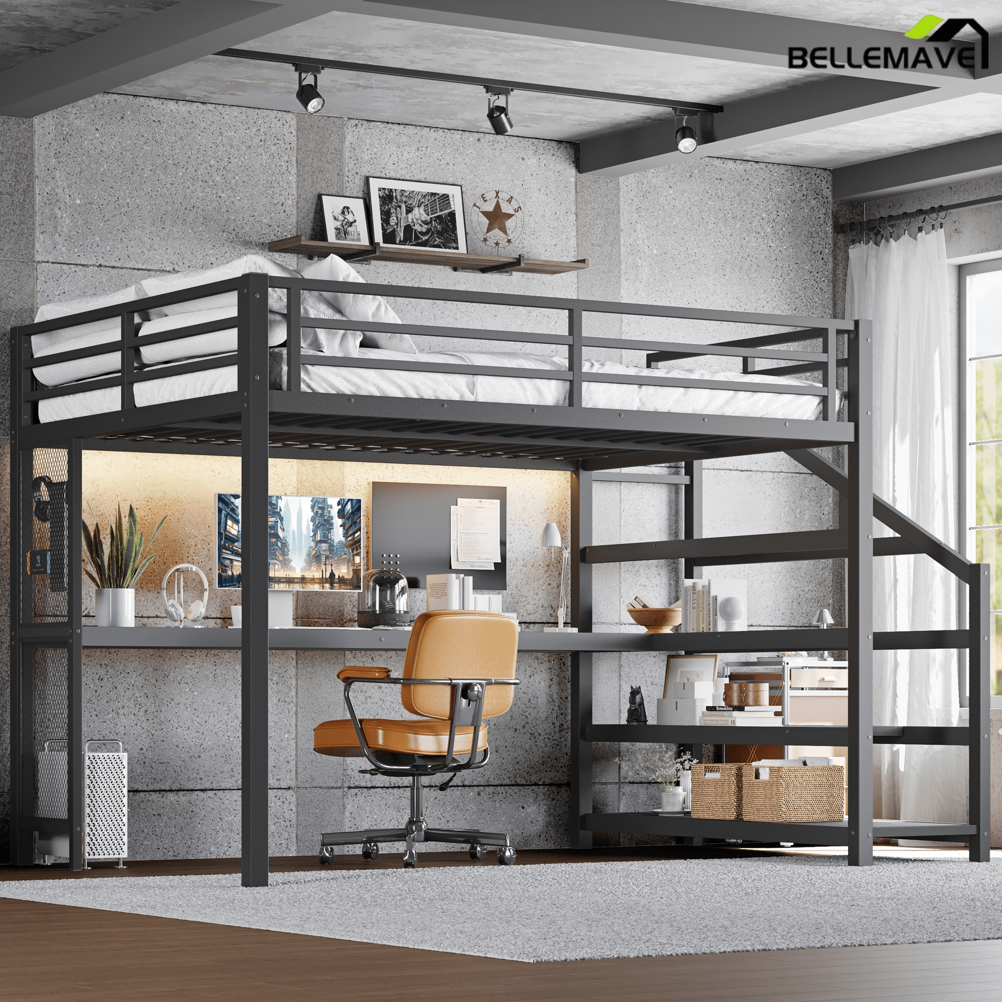 Bellemave® Queen Loft Bed with Desk, Storage Stairs & LED Lights - USB Ports, Iron Nets, Metal Frame | No - Spring Box, Noise - Free Design, Black - Bellemave