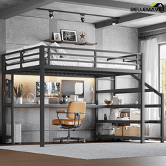 Bellemave® Queen Loft Bed with Desk, Storage Stairs & LED Lights - USB Ports, Iron Nets, Metal Frame | No - Spring Box, Noise - Free Design, Black - Bellemave