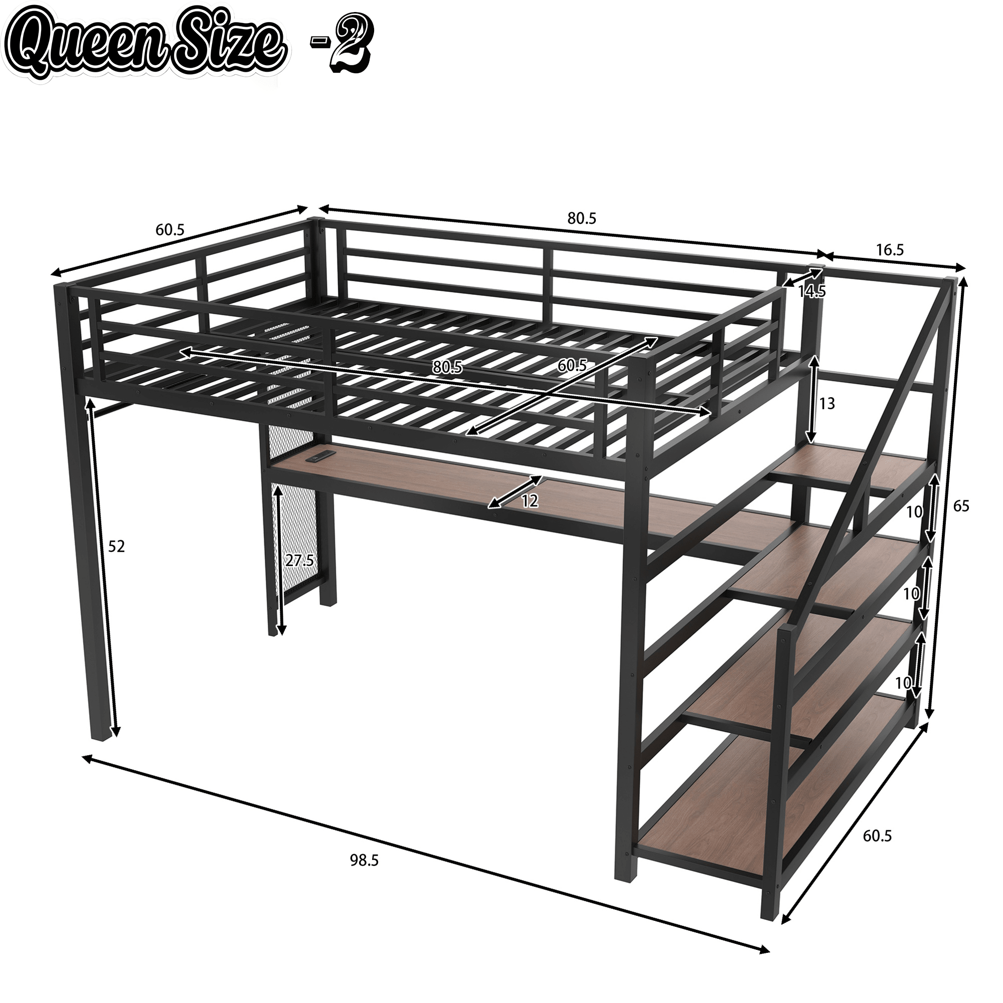 Bellemave® Queen Loft Bed with Desk, Storage Stairs & LED Lights - USB Ports, Iron Nets, Metal Frame | No - Spring Box, Noise - Free Design, Black - Bellemave