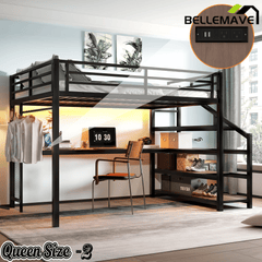 Bellemave® Queen Loft Bed with Desk, Storage Stairs & LED Lights - USB Ports, Iron Nets, Metal Frame | No - Spring Box, Noise - Free Design, Black - Bellemave