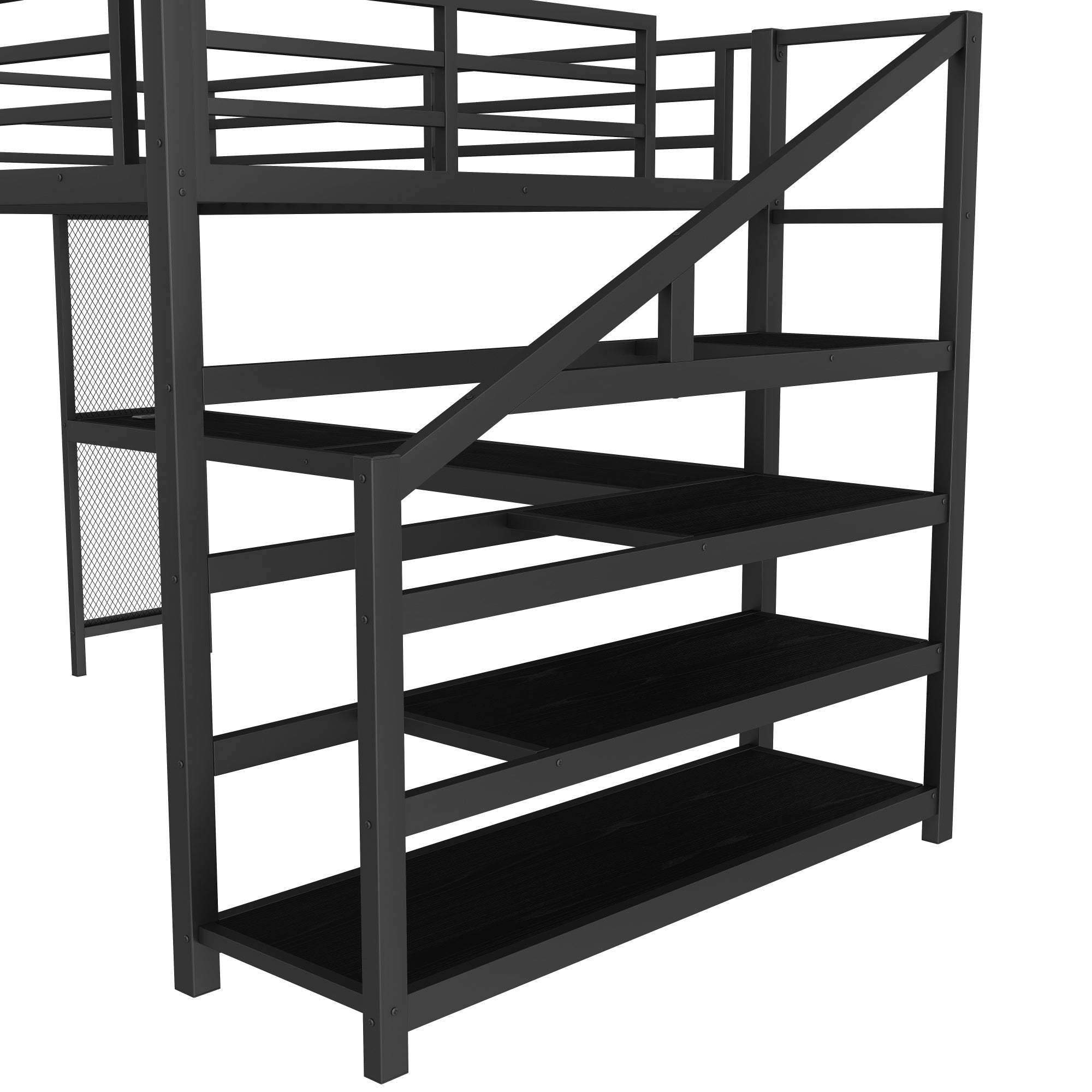 Bellemave® Queen Loft Bed with Desk, Storage Stairs & LED Lights - USB Ports, Iron Nets, Metal Frame | No - Spring Box, Noise - Free Design, Black - Bellemave
