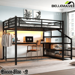 Bellemave® Queen Loft Bed with Desk, Storage Stairs & LED Lights - USB Ports, Iron Nets, Metal Frame | No - Spring Box, Noise - Free Design, Black - Bellemave
