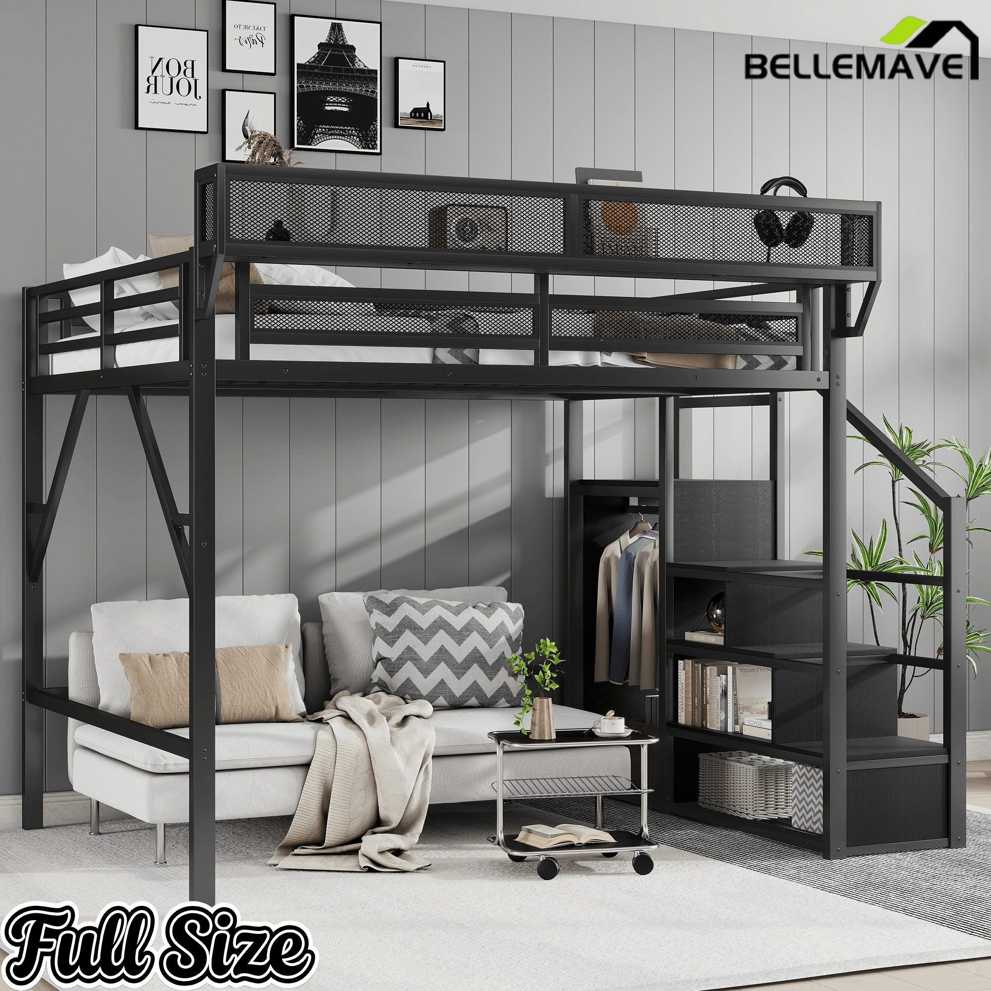 Bellemave® Queen loft Bed with Storage Stairs, Wardrobe, Shelves, Metal High Loft Bed Frame for Adults, Kids, Teens, Black, Patent Products - Bellemave