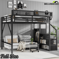 Bellemave® Queen loft Bed with Storage Stairs, Wardrobe, Shelves, Metal High Loft Bed Frame for Adults, Kids, Teens, Black, Patent Products - Bellemave