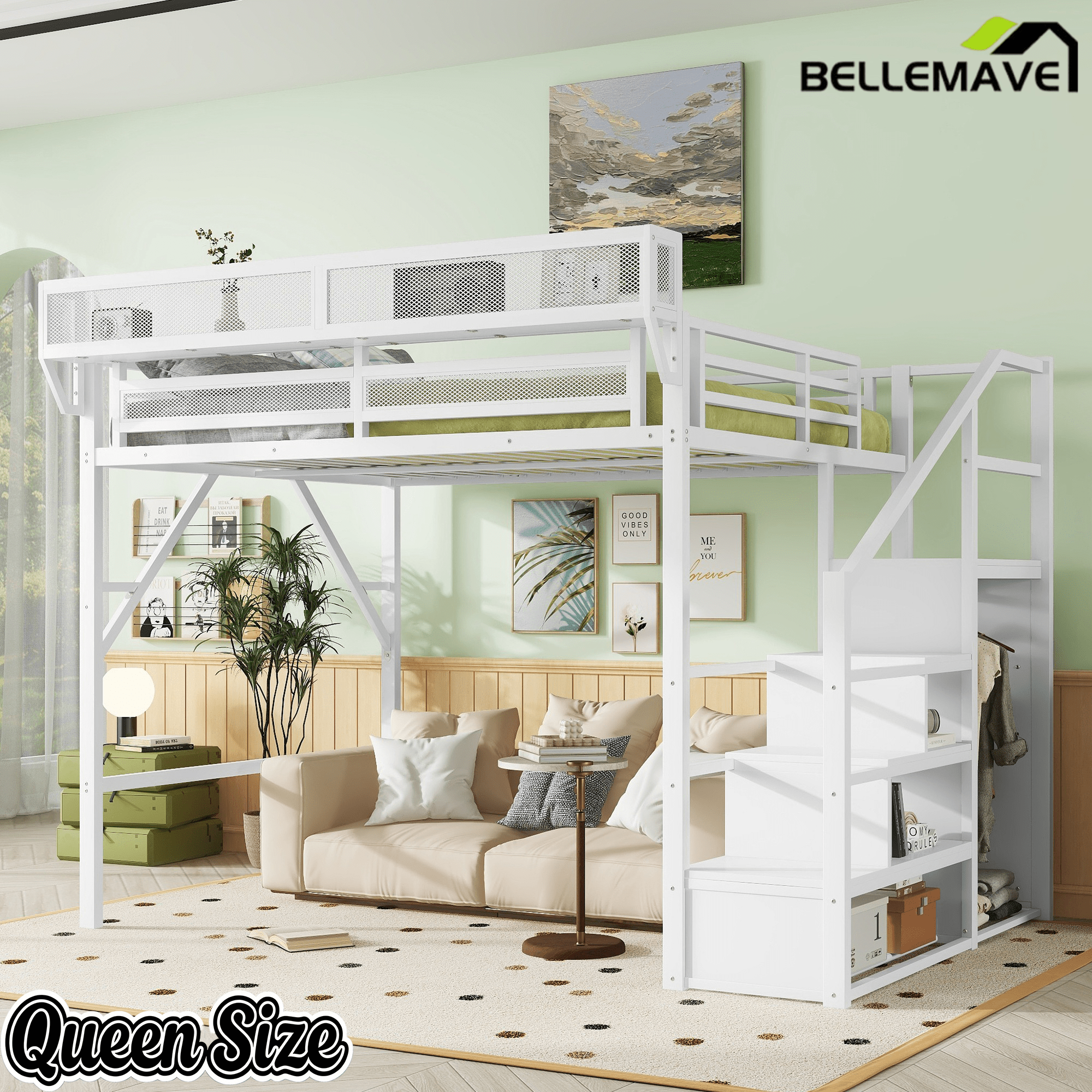Bellemave® Queen loft Bed with Storage Stairs, Wardrobe, Shelves, Metal High Loft Bed Frame for Adults, Kids, Teens, Black, Patent Products - Bellemave