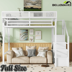 Bellemave® Queen loft Bed with Storage Stairs, Wardrobe, Shelves, Metal High Loft Bed Frame for Adults, Kids, Teens, Black, Patent Products - Bellemave