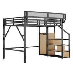 Bellemave® Queen loft Bed with Storage Stairs, Wardrobe, Shelves, Metal High Loft Bed Frame for Adults, Kids, Teens, Black, Patent Products - Bellemave