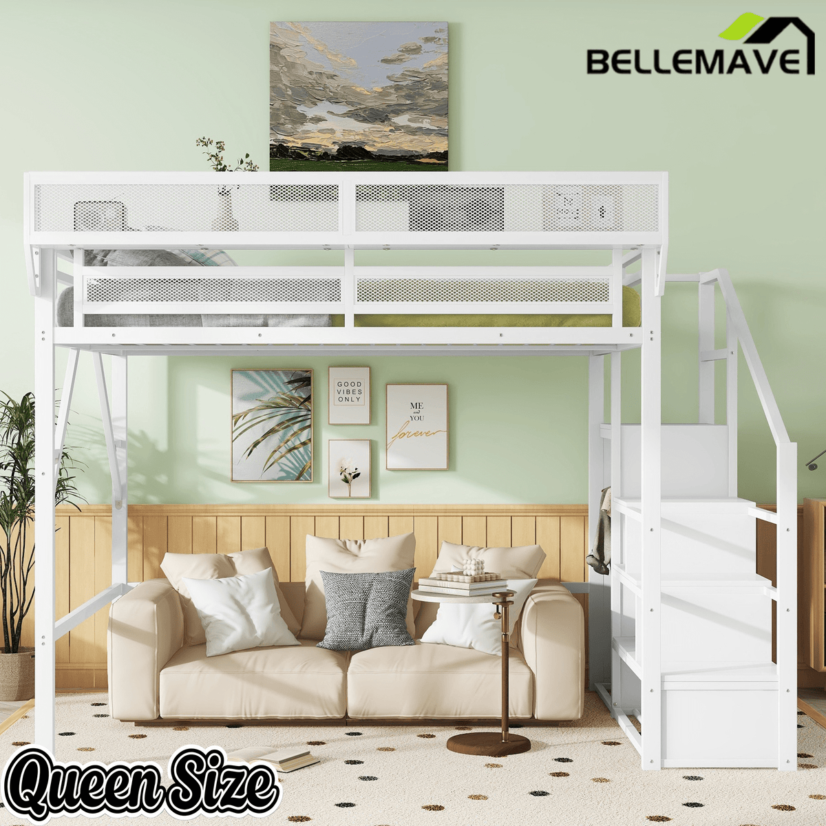 Bellemave® Queen loft Bed with Storage Stairs, Wardrobe, Shelves, Metal High Loft Bed Frame for Adults, Kids, Teens, Black, Patent Products - Bellemave